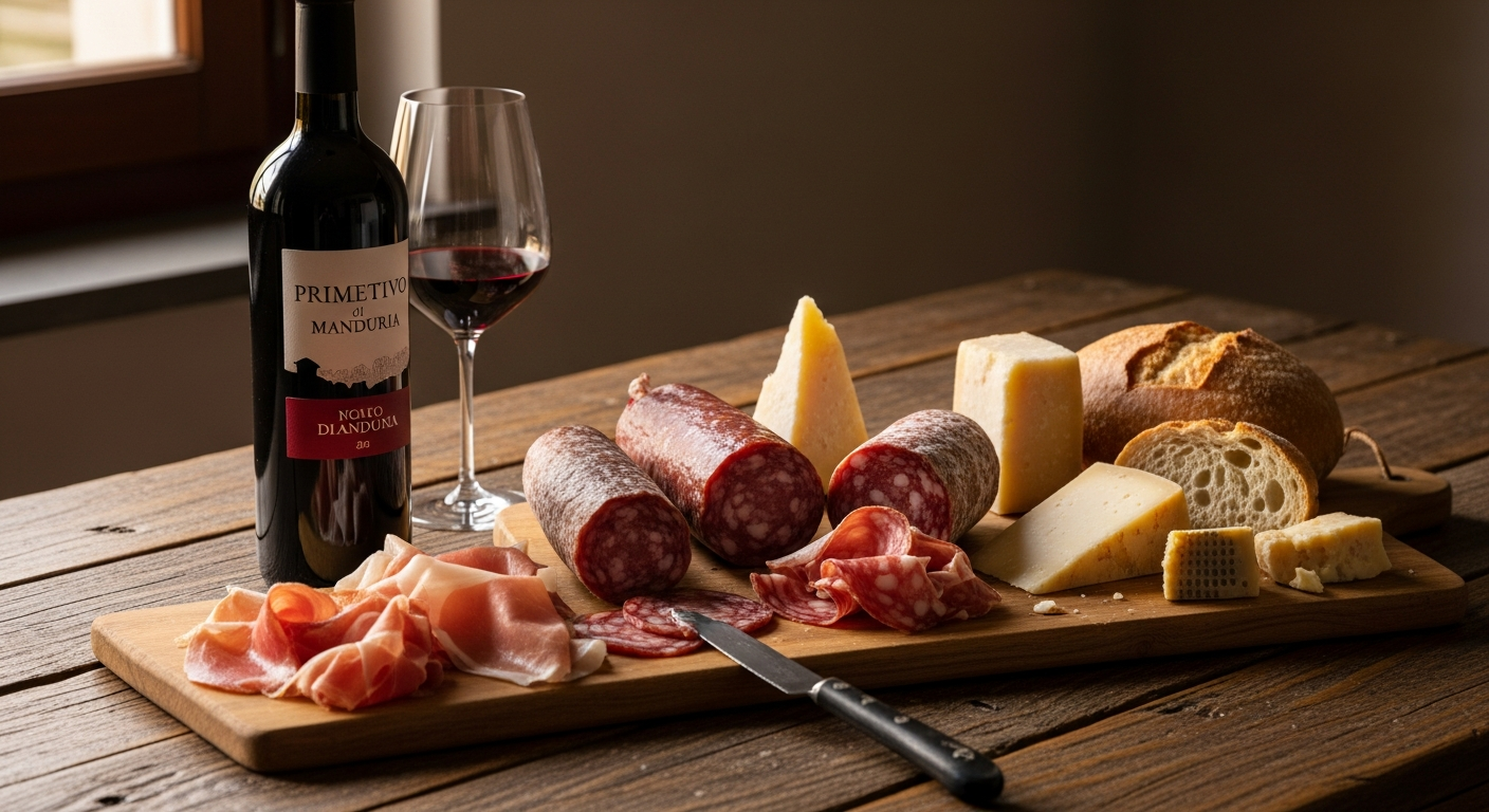 Glass of deep ruby Primitivo di Manduria red wine with dark berries and Italian vineyard backdrop