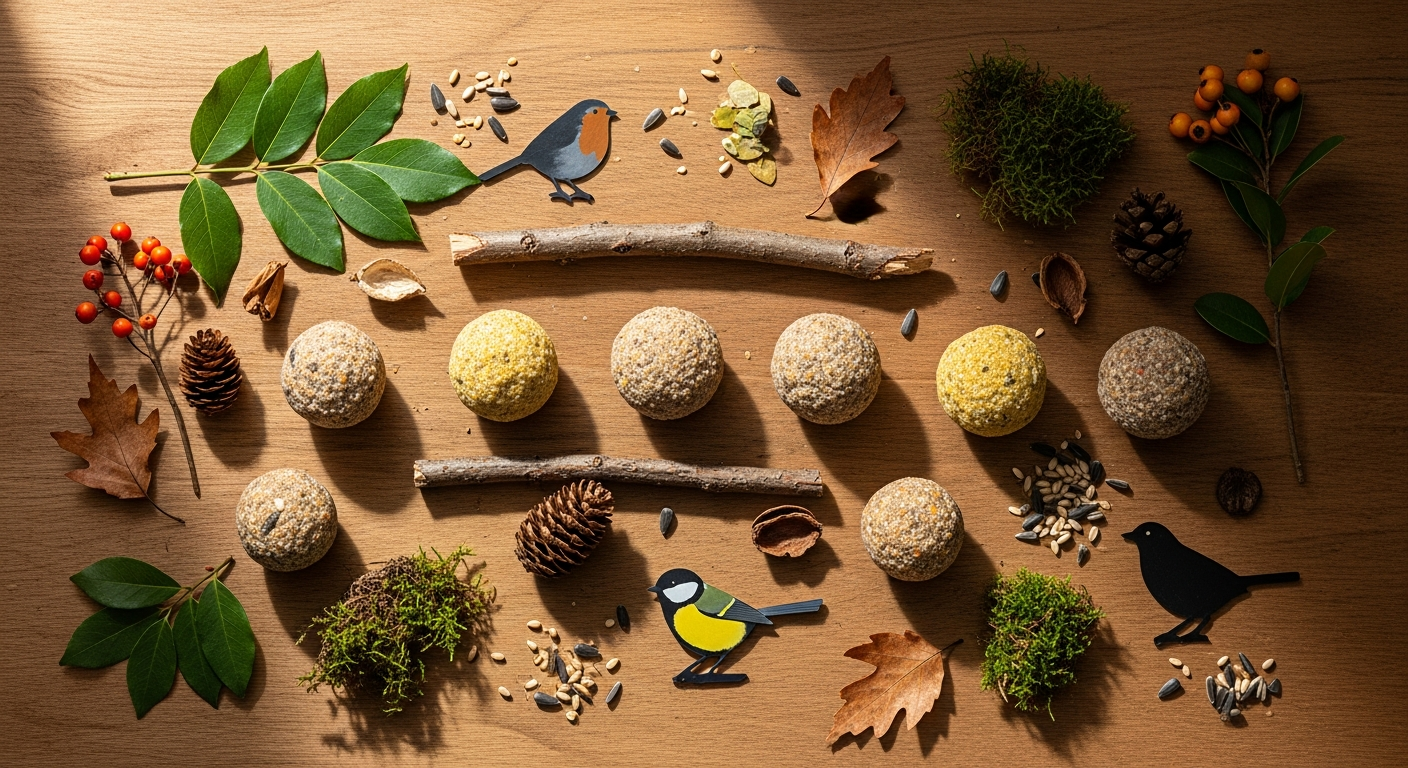 Vivara Premium Net-Free Suet Balls in bulk cardboard packaging displayed with garden birds feeding