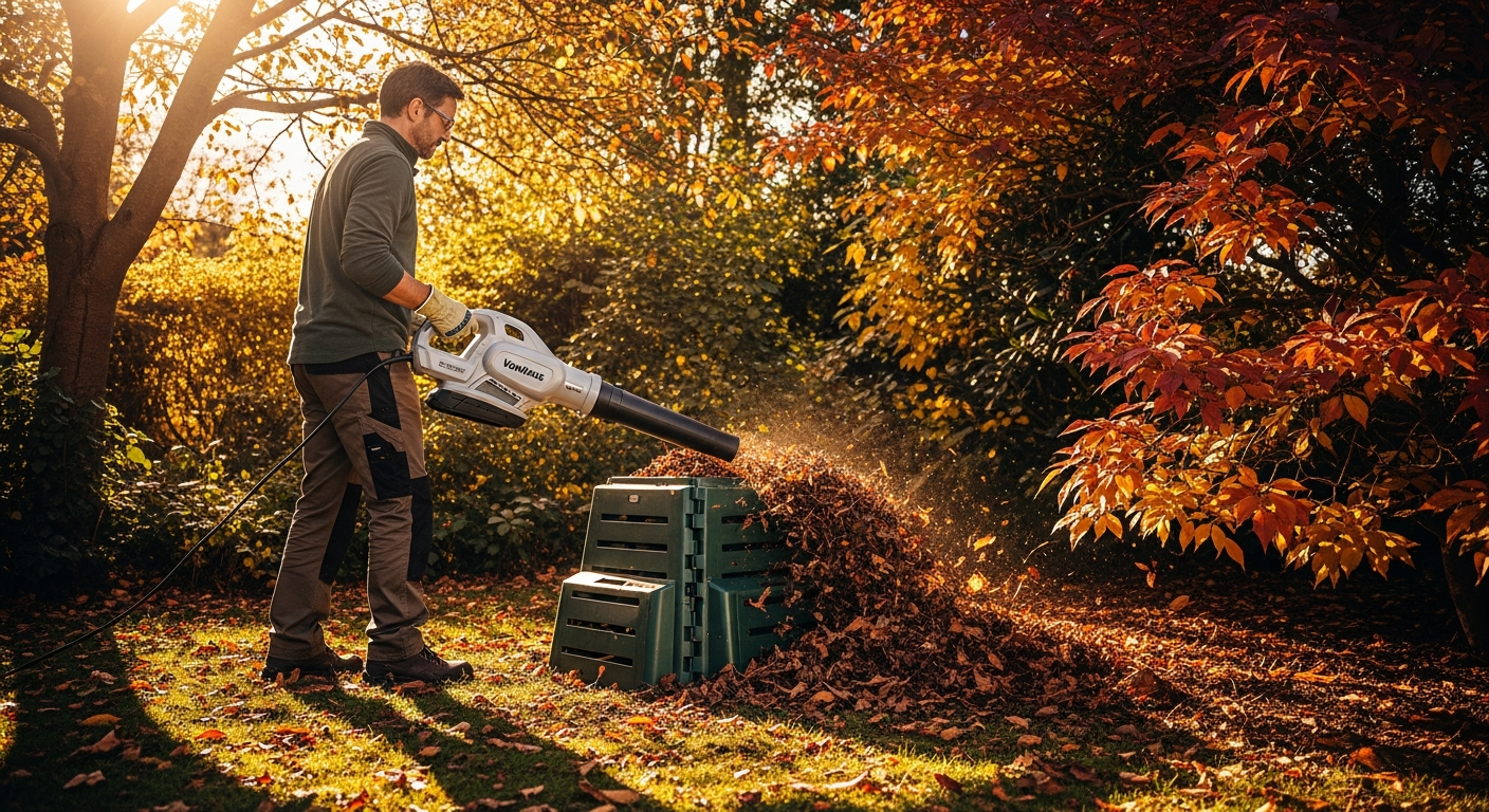 VonHaus 3-in-1 Leaf Blower Vacuum Mulcher in action during autumn garden cleanup with fallen leaves