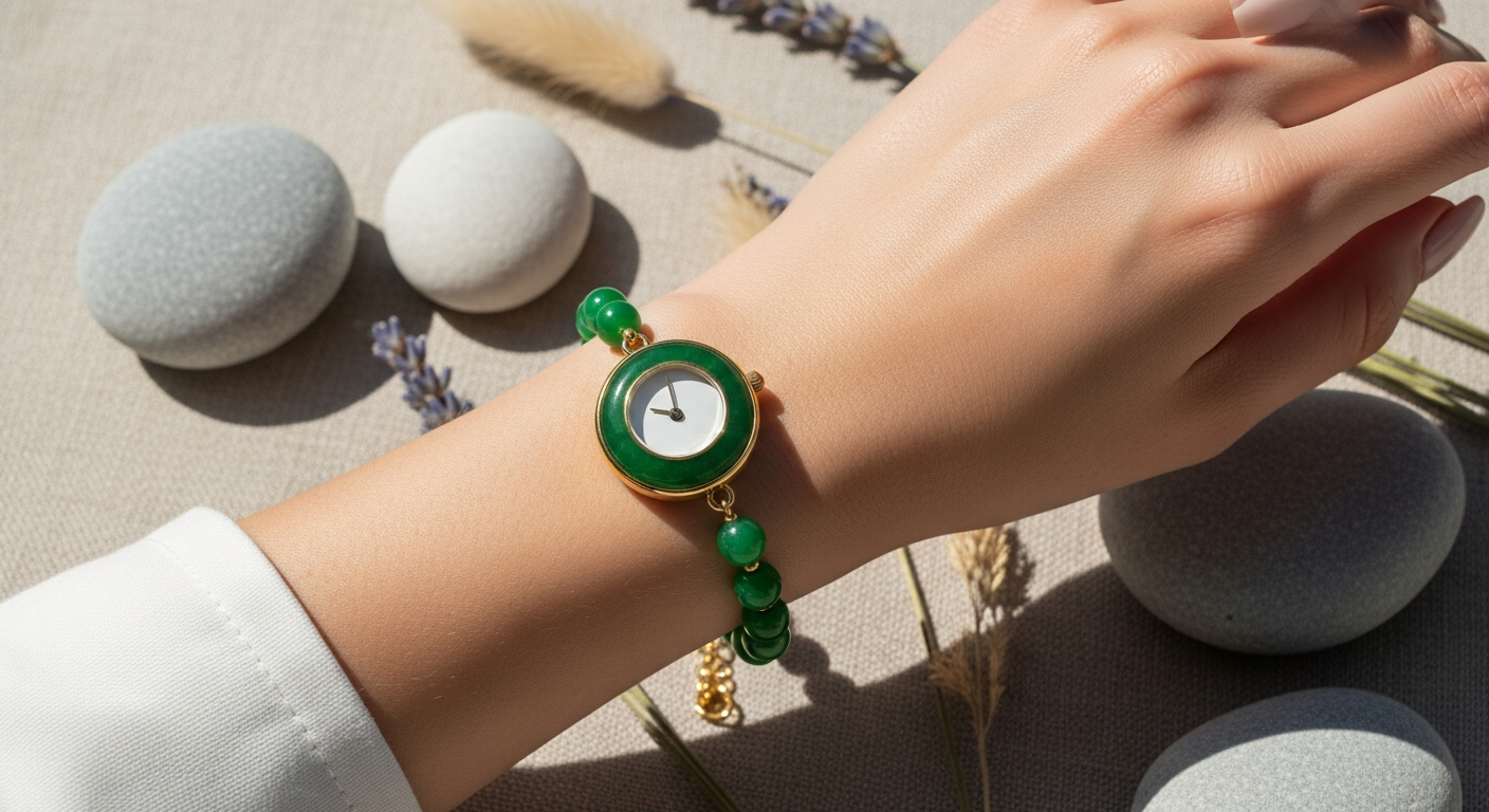 Vintage green jade stone bracelet watch for women with gold-plated frame and oval dial face