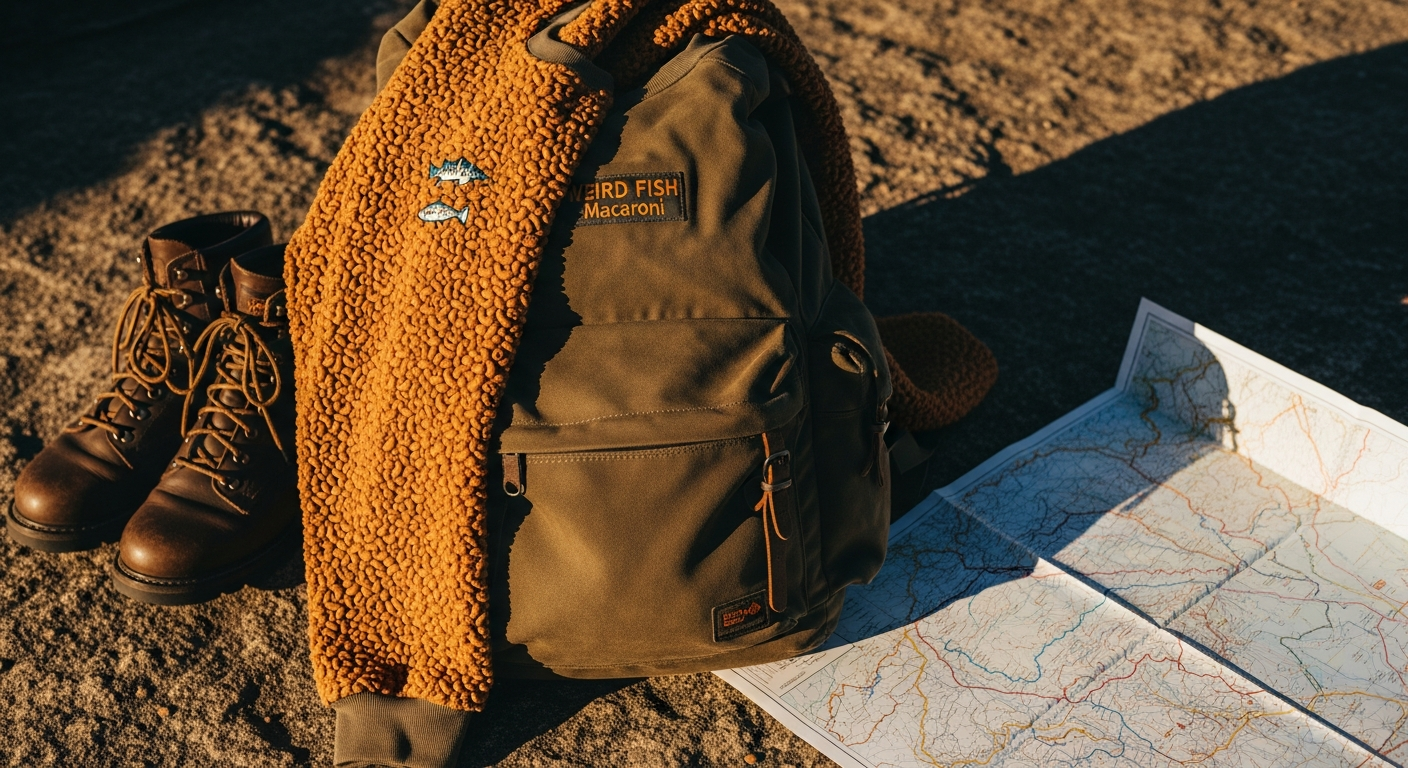 Weird Fish Macaroni sweatshirt in blue displayed on outdoor adventure background