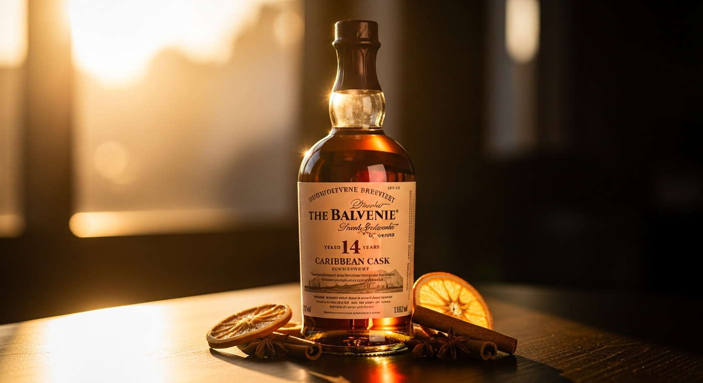 Balvenie 14 Year Old Caribbean Cask whisky bottle with tropical rum cask finishing