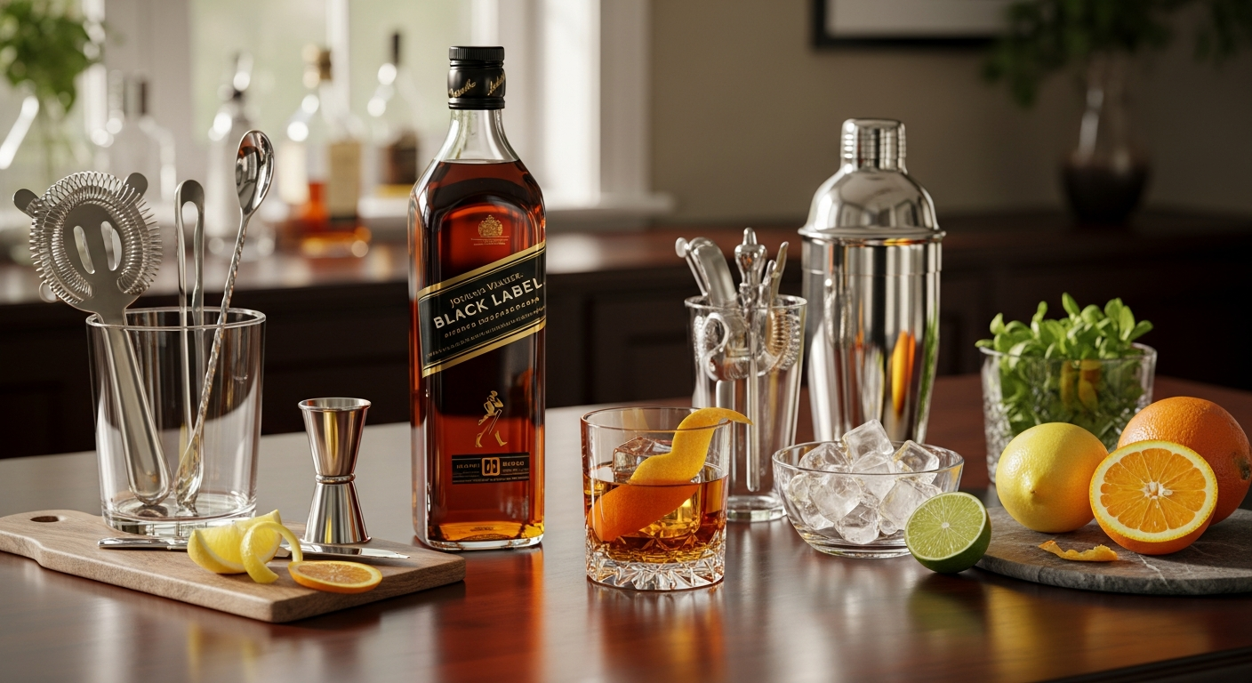 Johnnie Walker Black Label Scotch whisky bottle with cocktail glass and ice on dark background