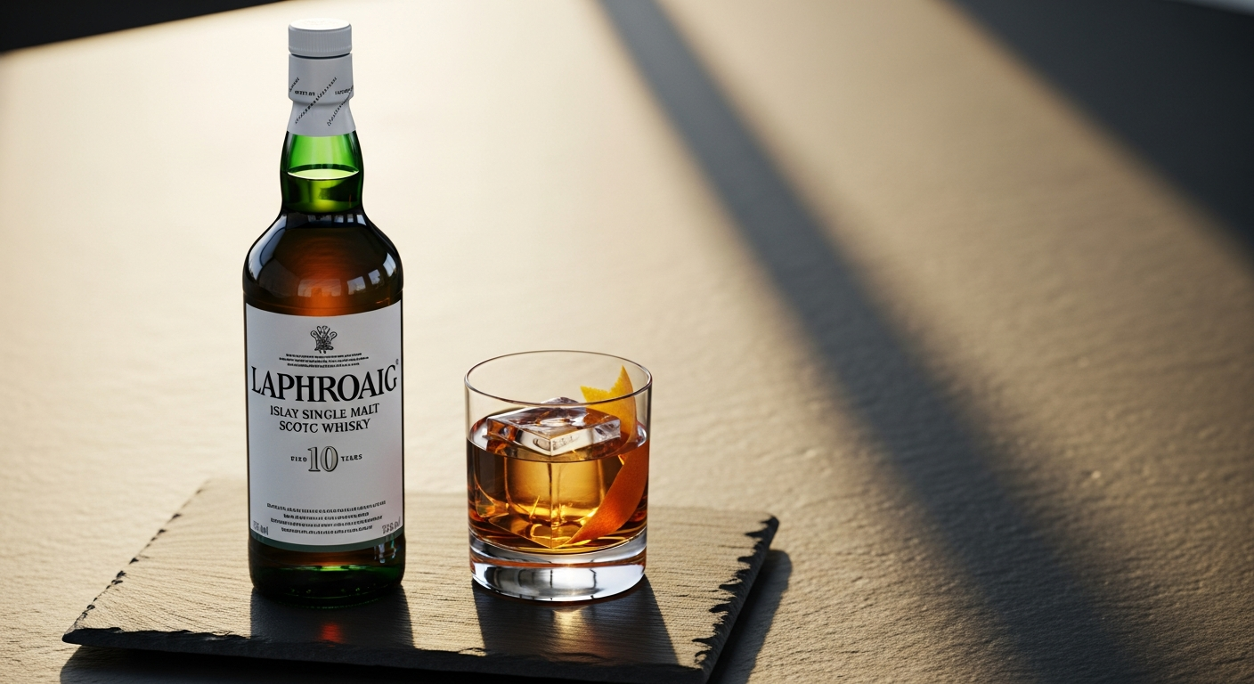 Laphroaig 10 Year Old Islay Single Malt Scotch Whisky bottle with peaty smoke and maritime character