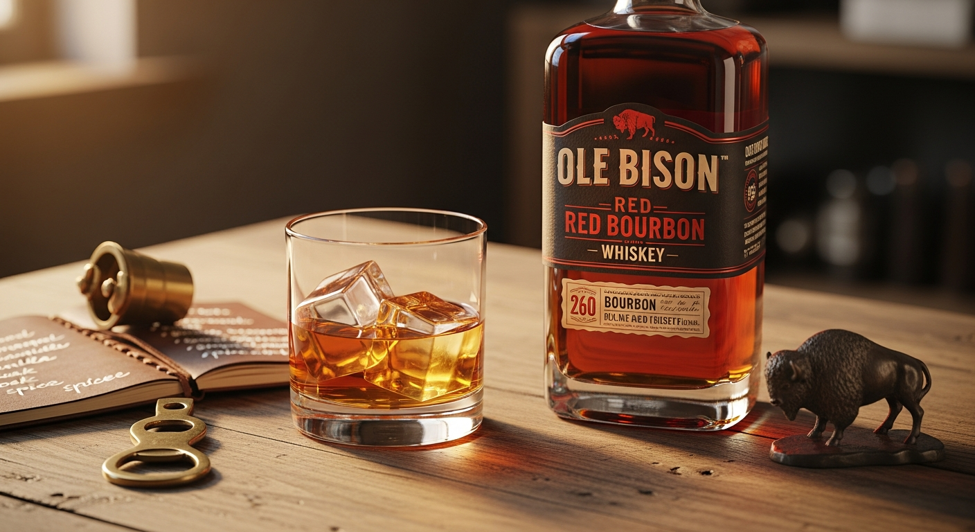Ole Bison Red Bourbon Whiskey bottle displayed against a warm amber-toned background highlighting its rich color