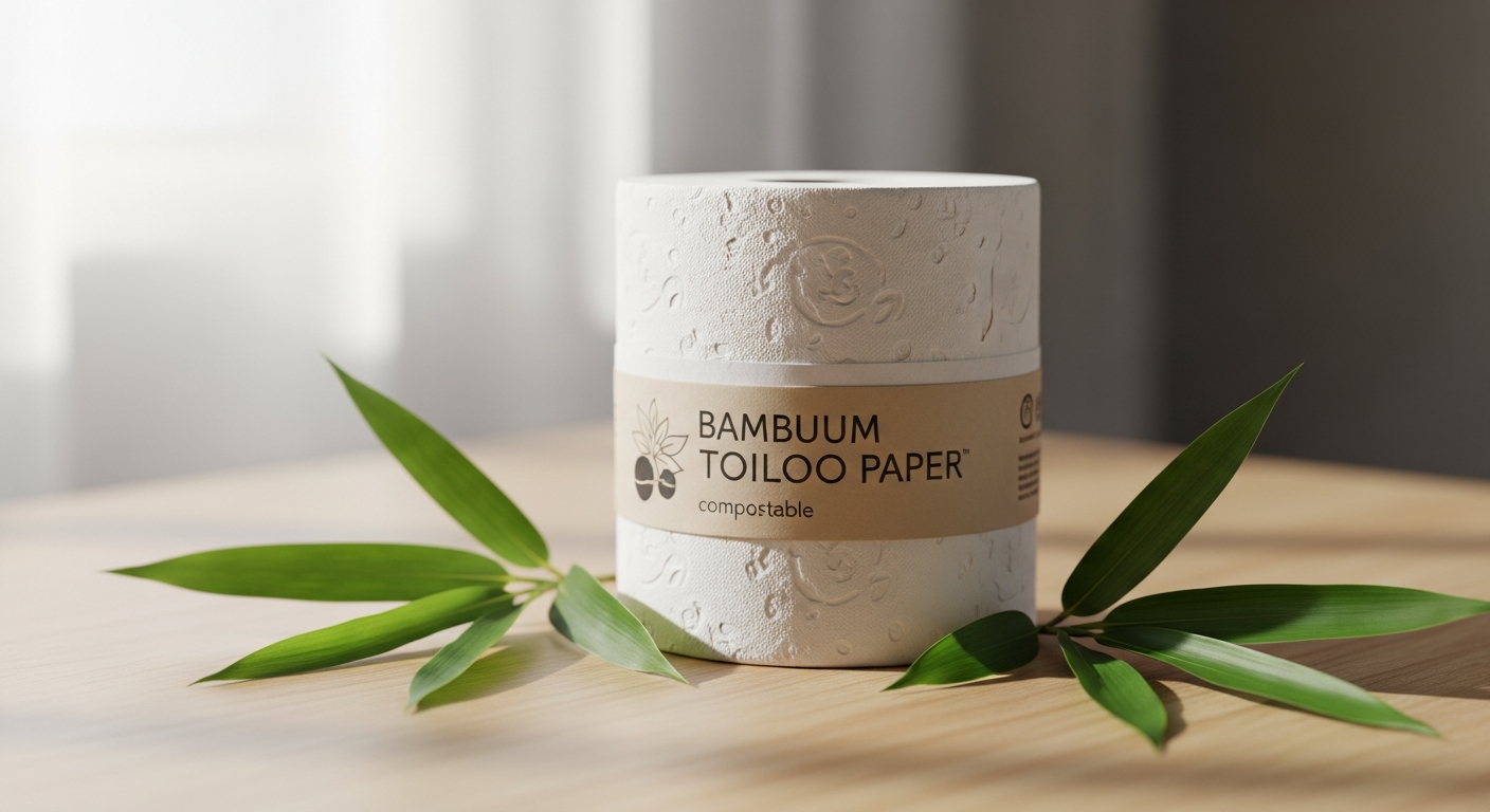 Premium bamboo toilet paper rolls displayed with eco-friendly packaging and gold surprise roll