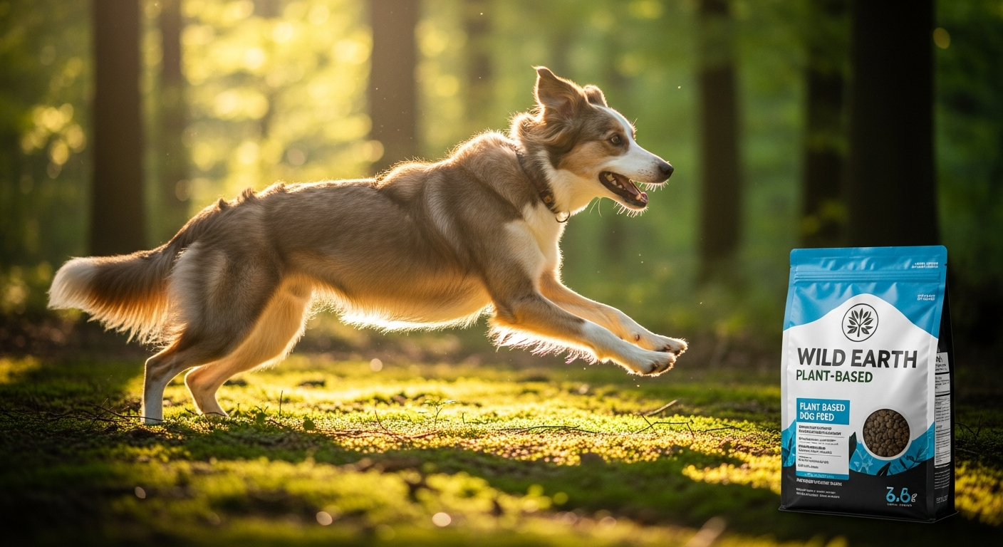 Wild Earth plant-based performance dog food kibble in a bowl with fresh vegetables