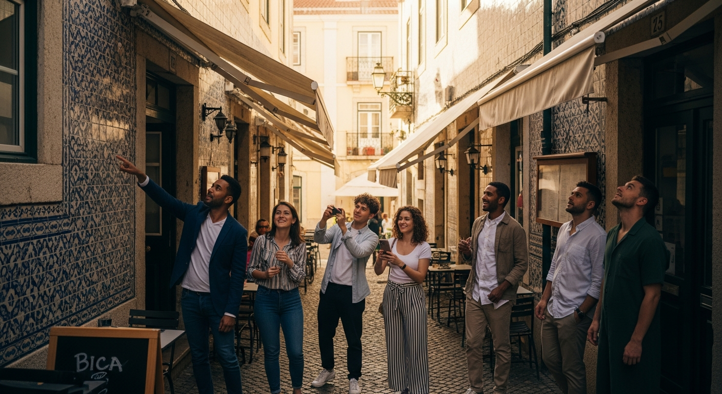 Lisbon street scene with local guide pointing out hidden neighborhood gems to small group of travelers