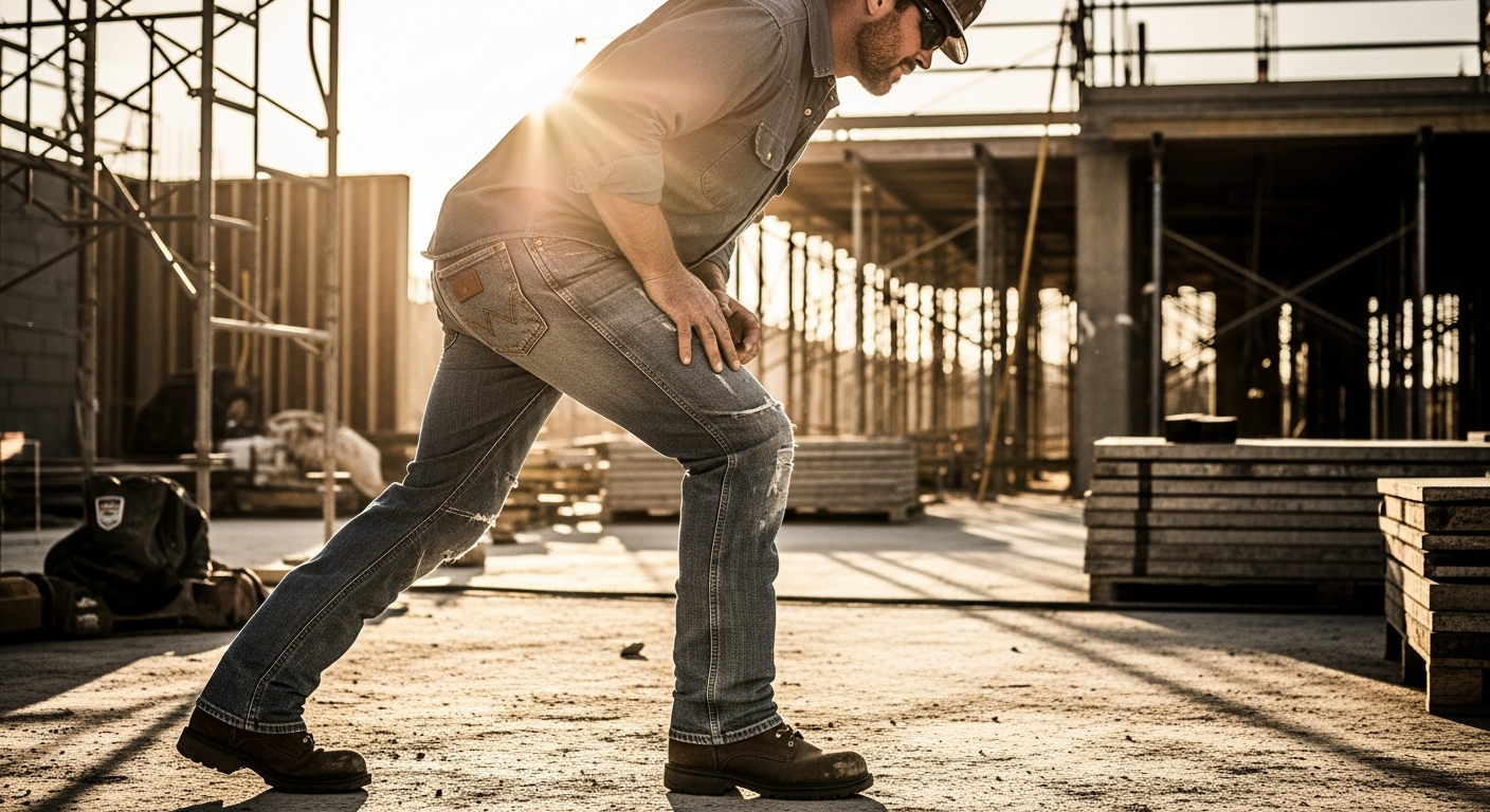 Wrangler Men's Regular Fit Comfort Flex Waist Jeans displayed on a work site showing durability and comfort features
