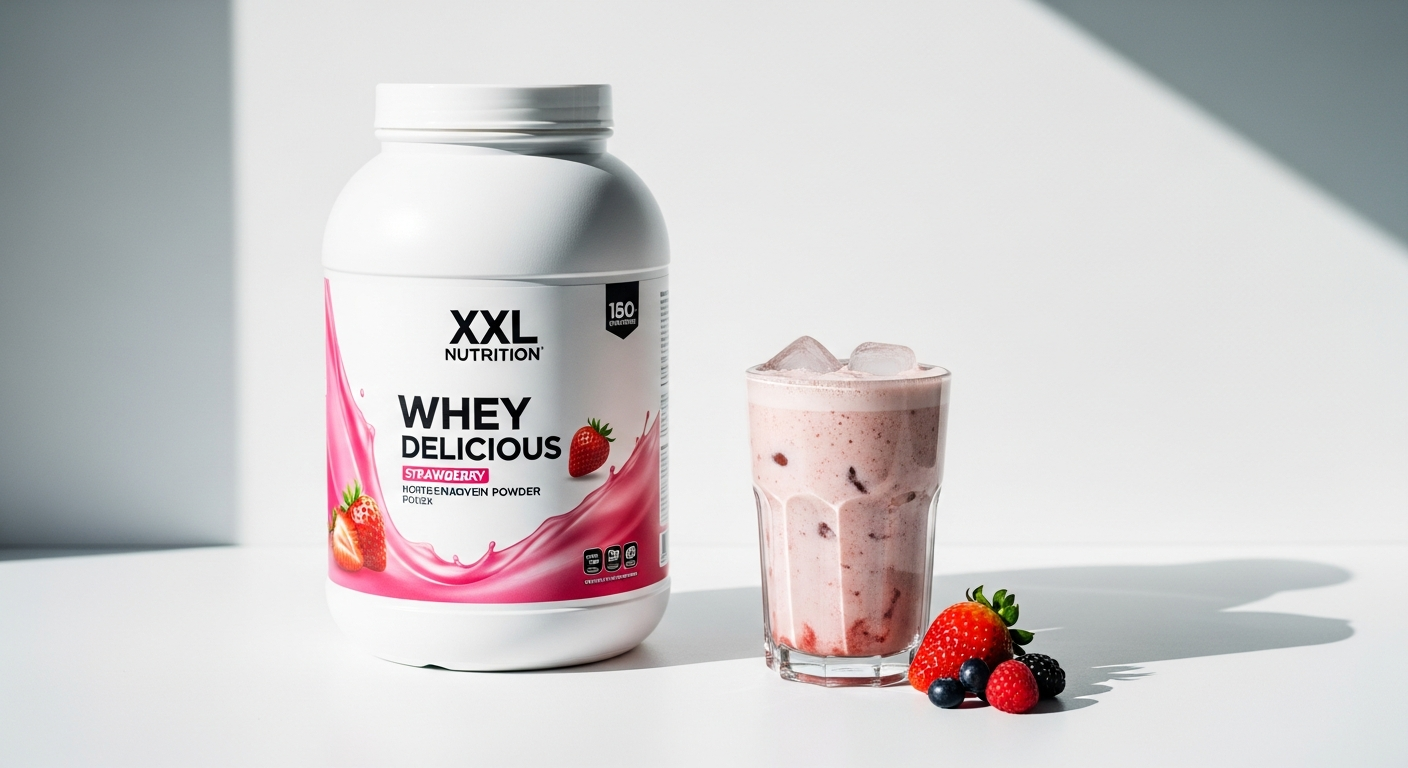 XXL Nutrition Whey Delicious protein powder in multiple flavor varieties displayed with shaker bottle