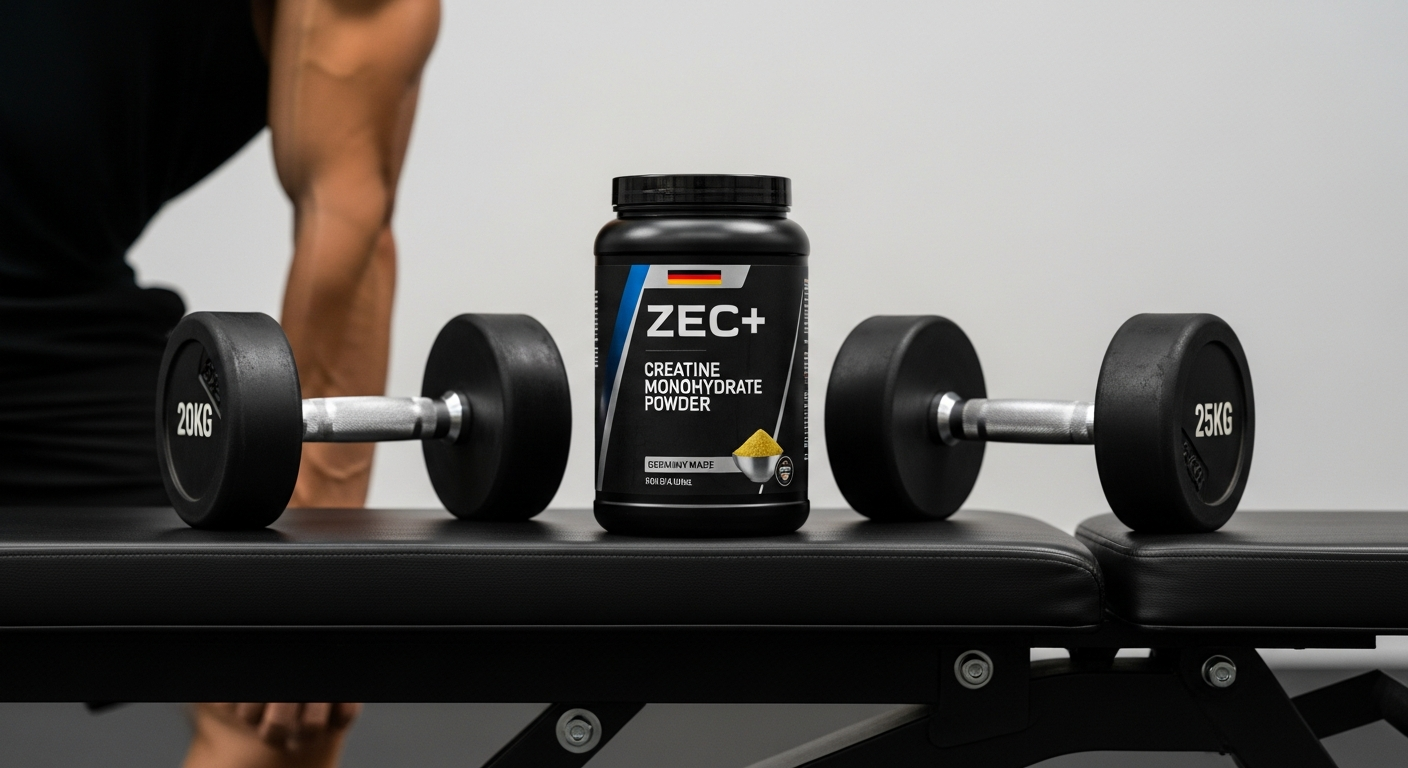 ZEC+ Creatine Monohydrate Powder container displayed with dumbbells and athletic equipment on workout surface