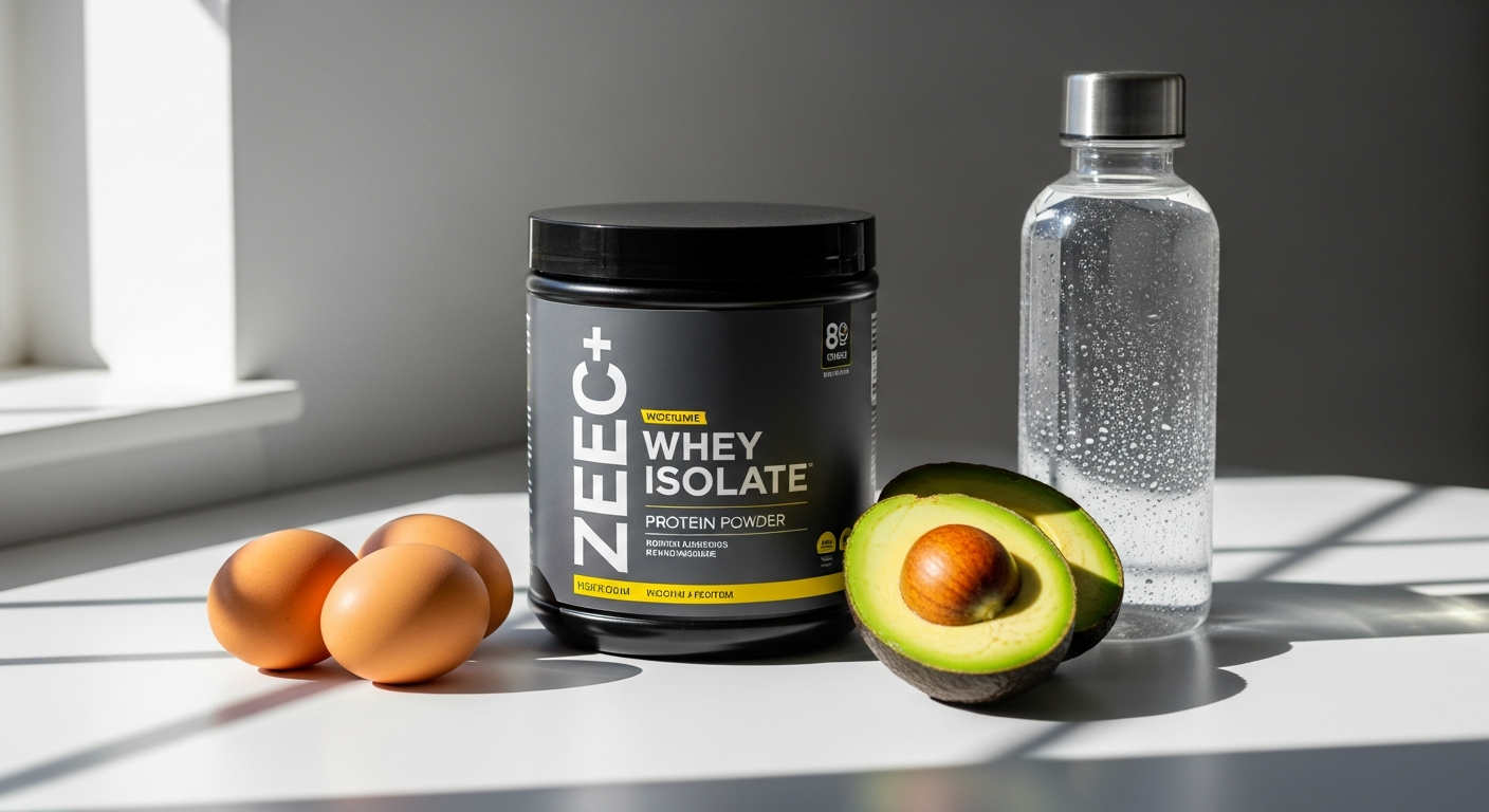 ZEC+ Whey Isolate Protein Powder container displayed with measuring scoop and glass of mixed protein shake