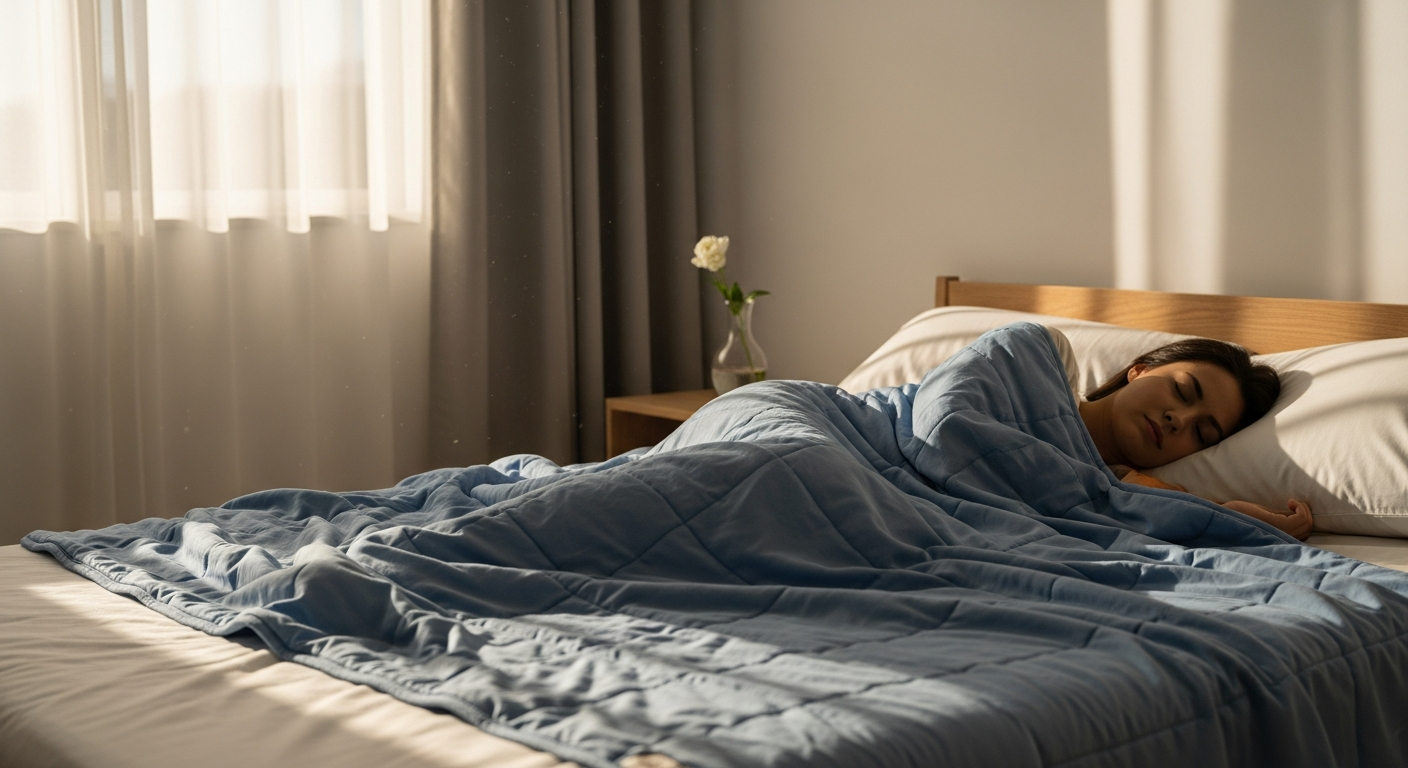 Zonli Cooling Weighted Blanket displayed on a bed showing bamboo fabric and glass bead construction