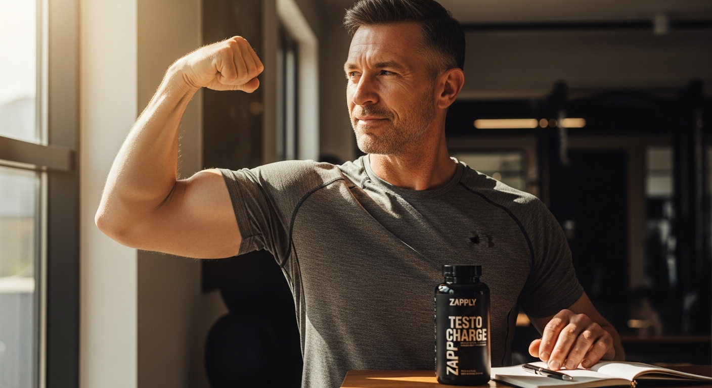 Zapply Testo Charge natural testosterone booster supplement bottle with natural ingredients displayed