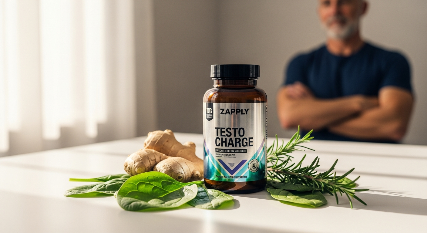 Zapply Testo Charge supplement bottle with natural ingredients displayed on wooden surface