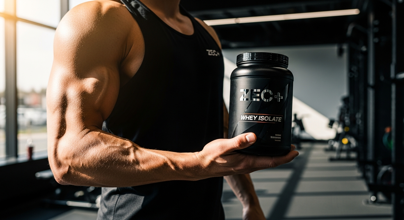 ZEC+ Whey Isolate Protein Powder container displayed with measuring scoop and glass of mixed protein shake