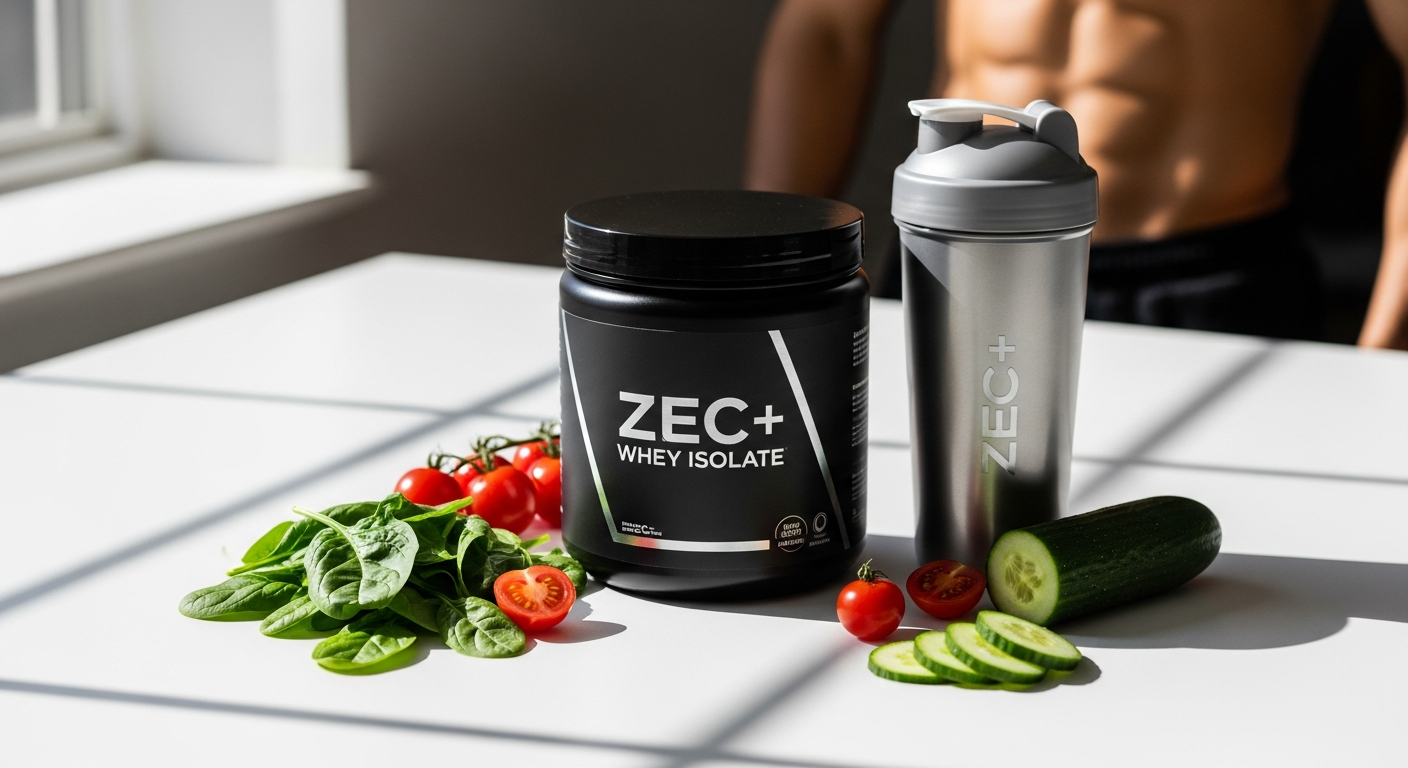 ZEC+ Whey Isolate Protein Powder container displayed with measuring scoop and nutritional information