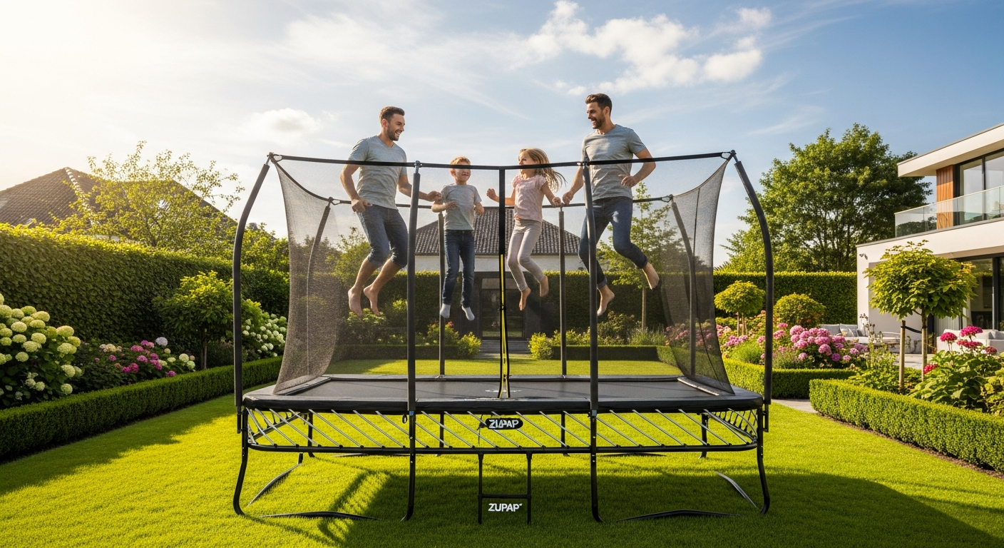 Zupapa rectangular trampoline with safety enclosure net in backyard setting