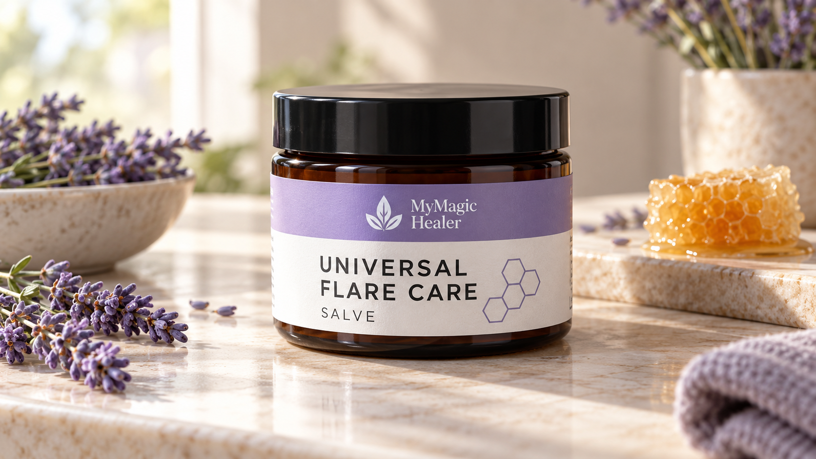 MyMagicHealer Universal Flare Care Salve in an amber jar with lavender and honeycomb on a marble surface, featuring natural skincare-inspired styling.