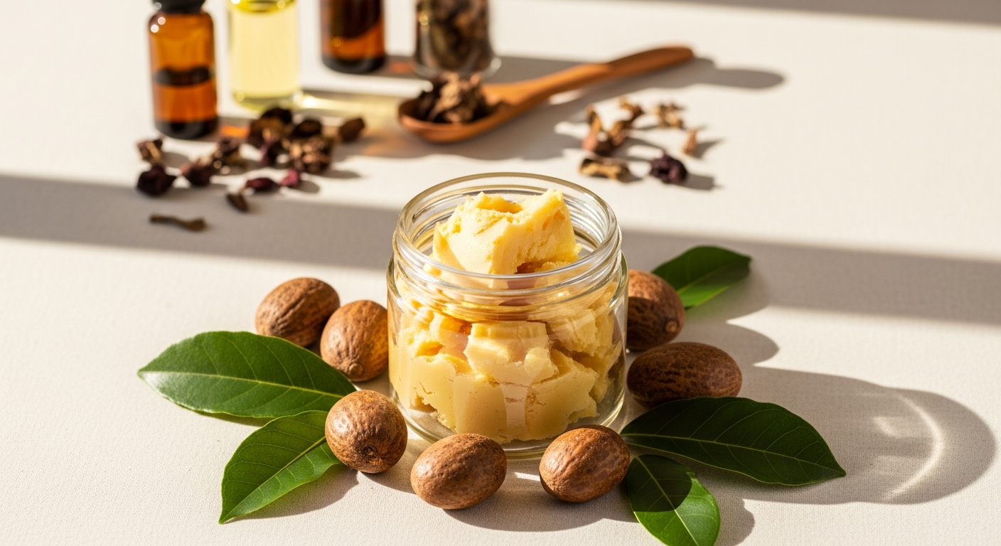 Balmyou Reine Nilotica Sheabutter jar displayed with shea nuts and natural ingredients on wooden surface