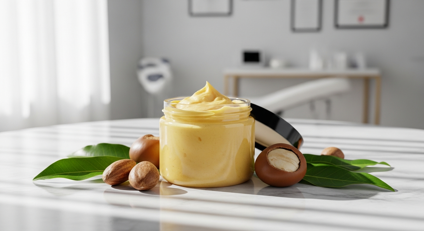 Balmyou Pure Nilotica Shea Butter glass jar with bamboo lid on white background