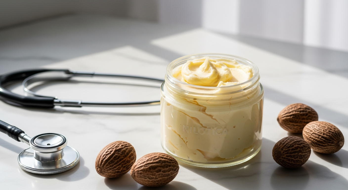 Balmyou Pure Nilotica Shea Butter jar with bamboo lid on white background