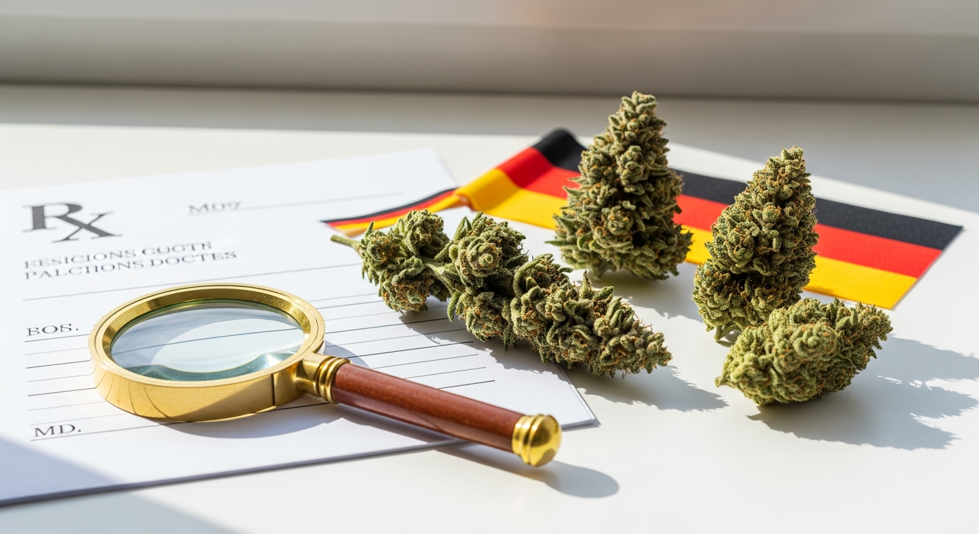 Medical cannabis flowers displayed with prescription documents and computer screen showing online consultation