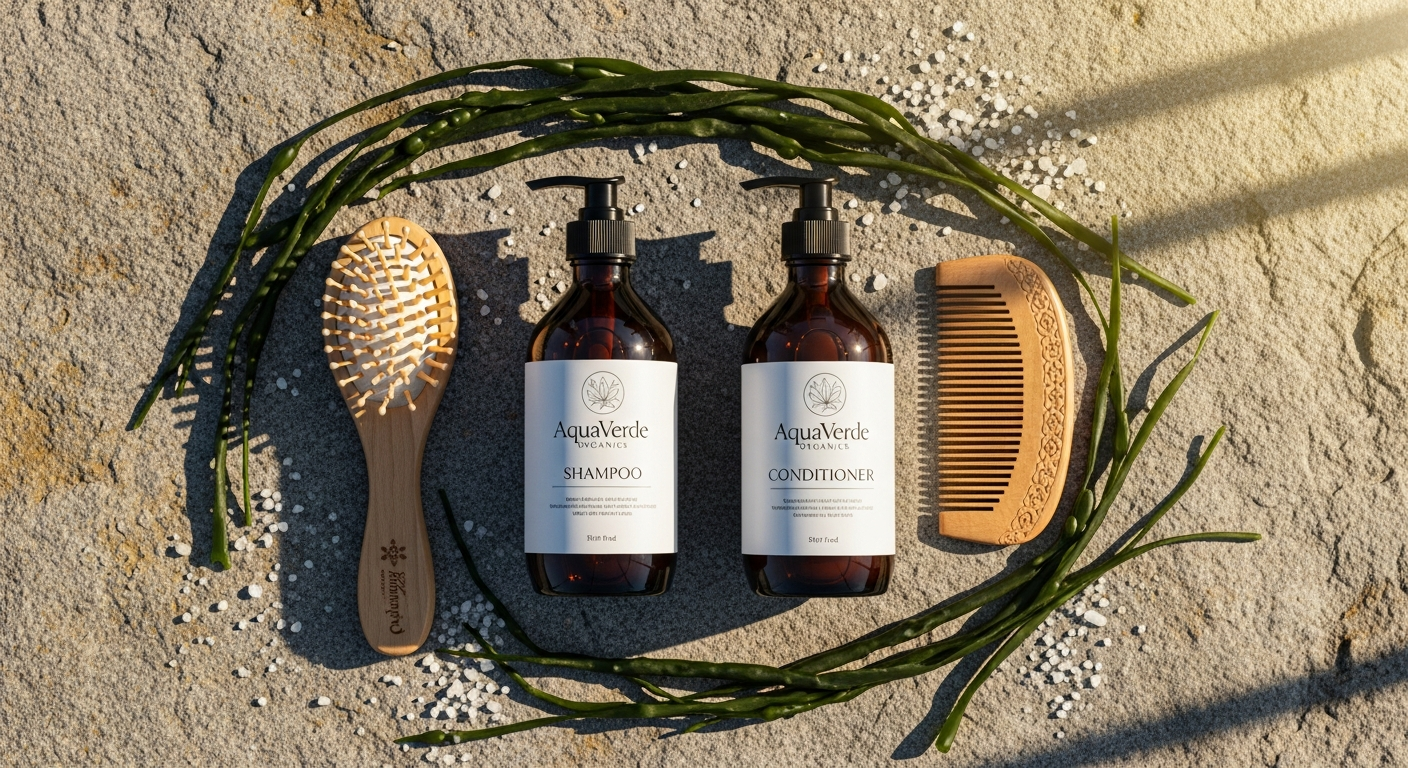 Organic Seaweed Super Nutrient Haircare Set featuring shampoo and conditioner bottles with natural seaweed ingredients