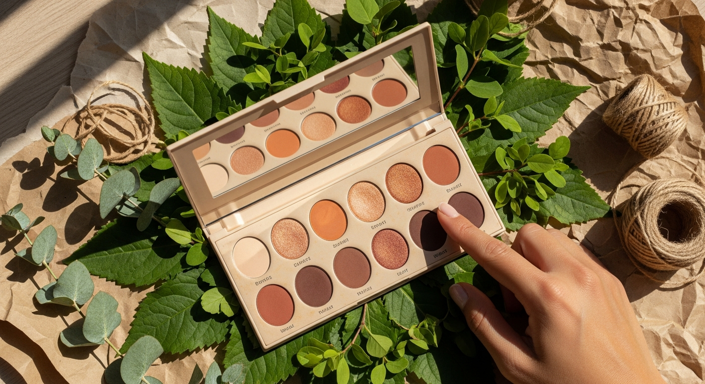 Benecos Beauty ID Refill Palette Florenz with warm eyeshadow shades, blush, and highlighters displayed on cardboard packaging