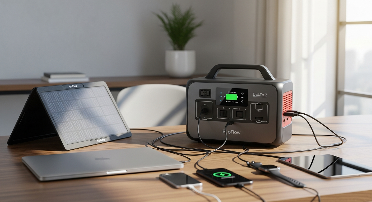EcoFlow DELTA 2 portable power station with AC outlets, USB ports, and digital display showing battery capacity and power output