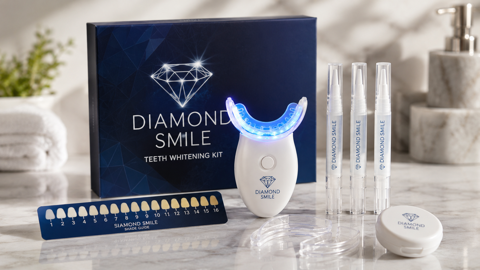 Diamond Smile LED Teeth Whitening Kit displayed on a marble bathroom countertop with LED whitening device, whitening pens, shade guide, and luxury packaging in a clean editorial-style setup.