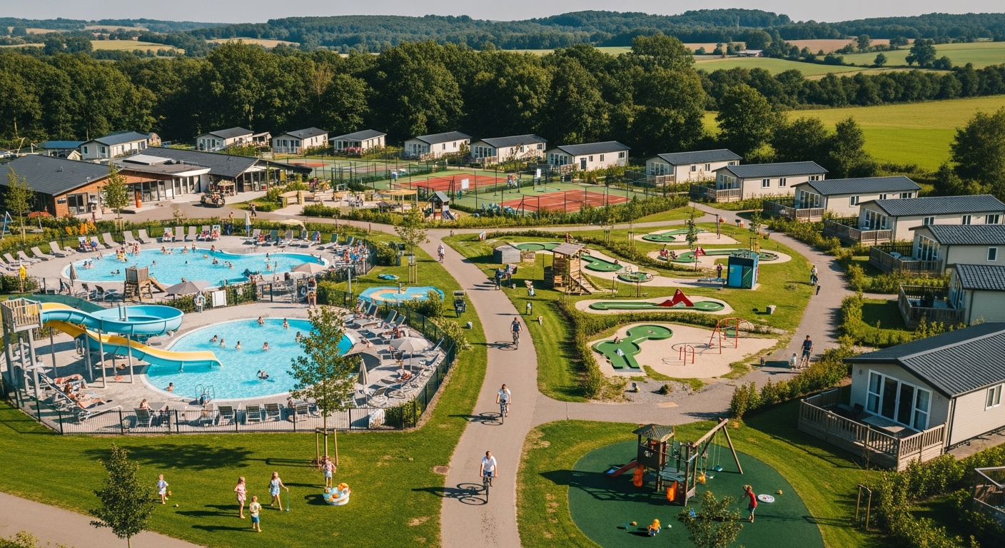 Aerial view of EuroParcs Limburg holiday park with colorful chalets and lush green Limburg countryside surrounding the property