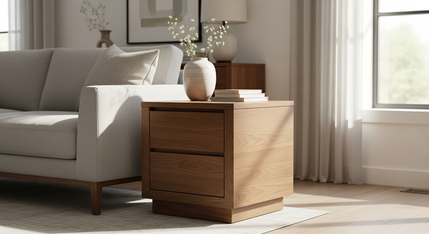 Galatea 2-Drawer Solid Wood End Table in walnut finish displaying French country design and elegant storage