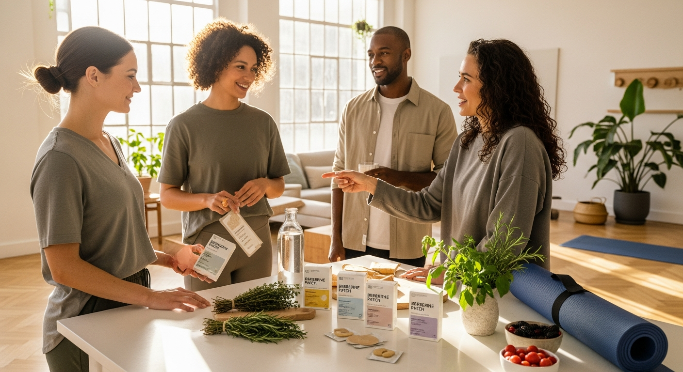 Berberine patches displayed on skin showing transdermal delivery format and application