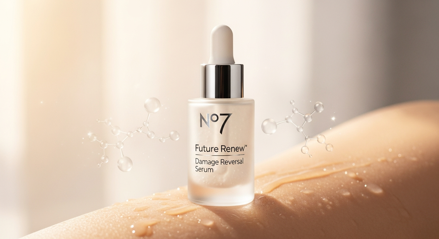 No7 Future Renew Damage Reversal Serum bottle with peptide technology for sensitive skin repair