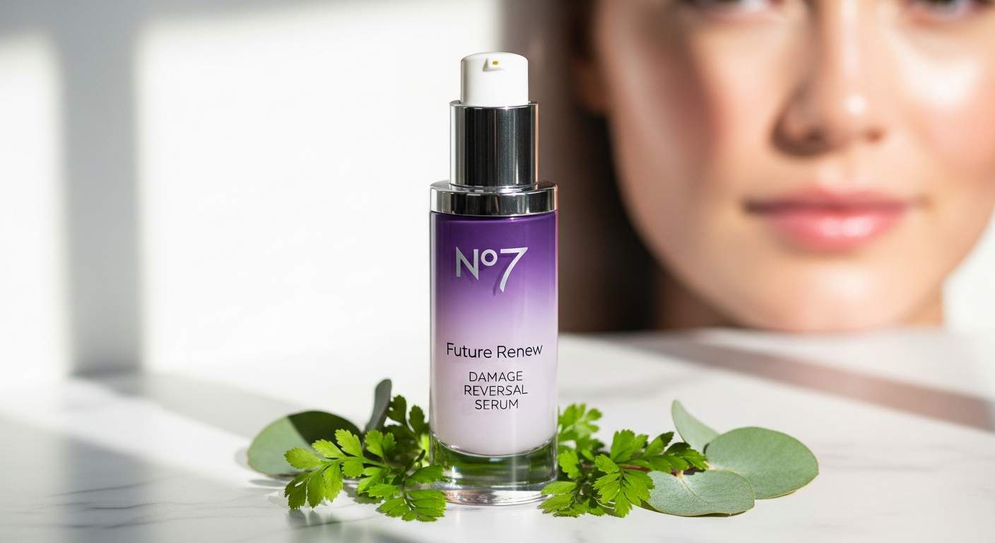 No7 Future Renew Damage Reversal Serum bottle with peptide technology formula for sensitive skin anti-aging