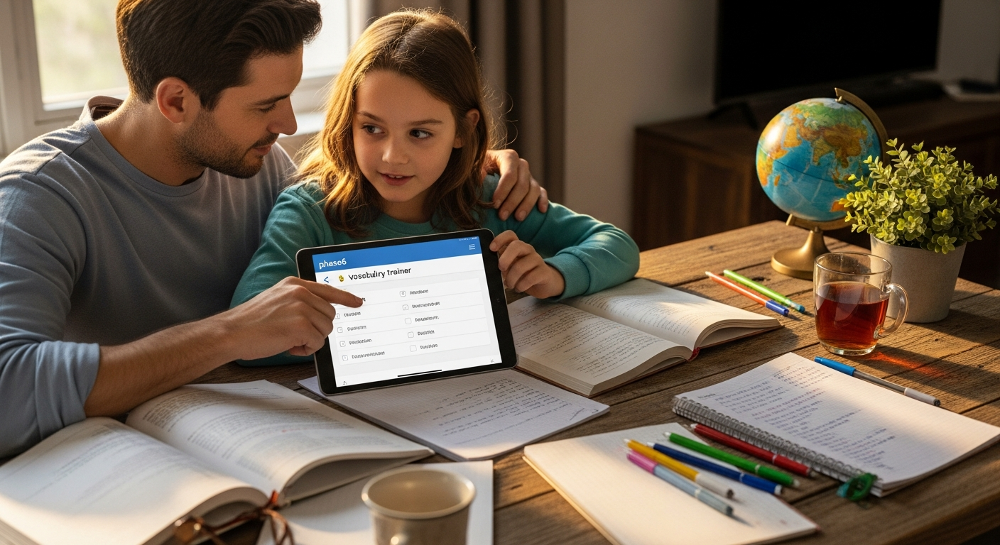 phase6 Vokabeltrainer App auf einem Tablet mit Vokabelkarten und Lernfortschritt