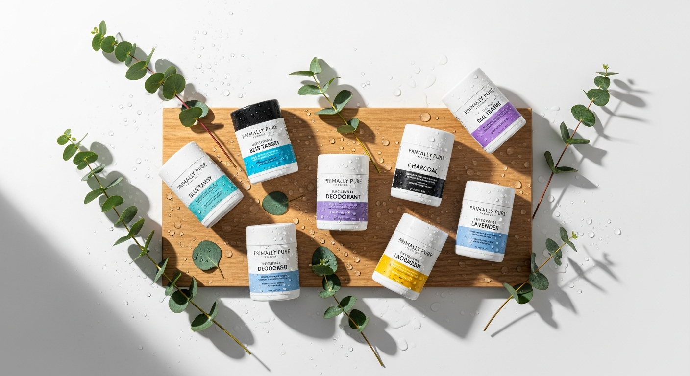 Primally Pure Natural Deodorant stick in blue tansy and charcoal variants with natural ingredients displayed