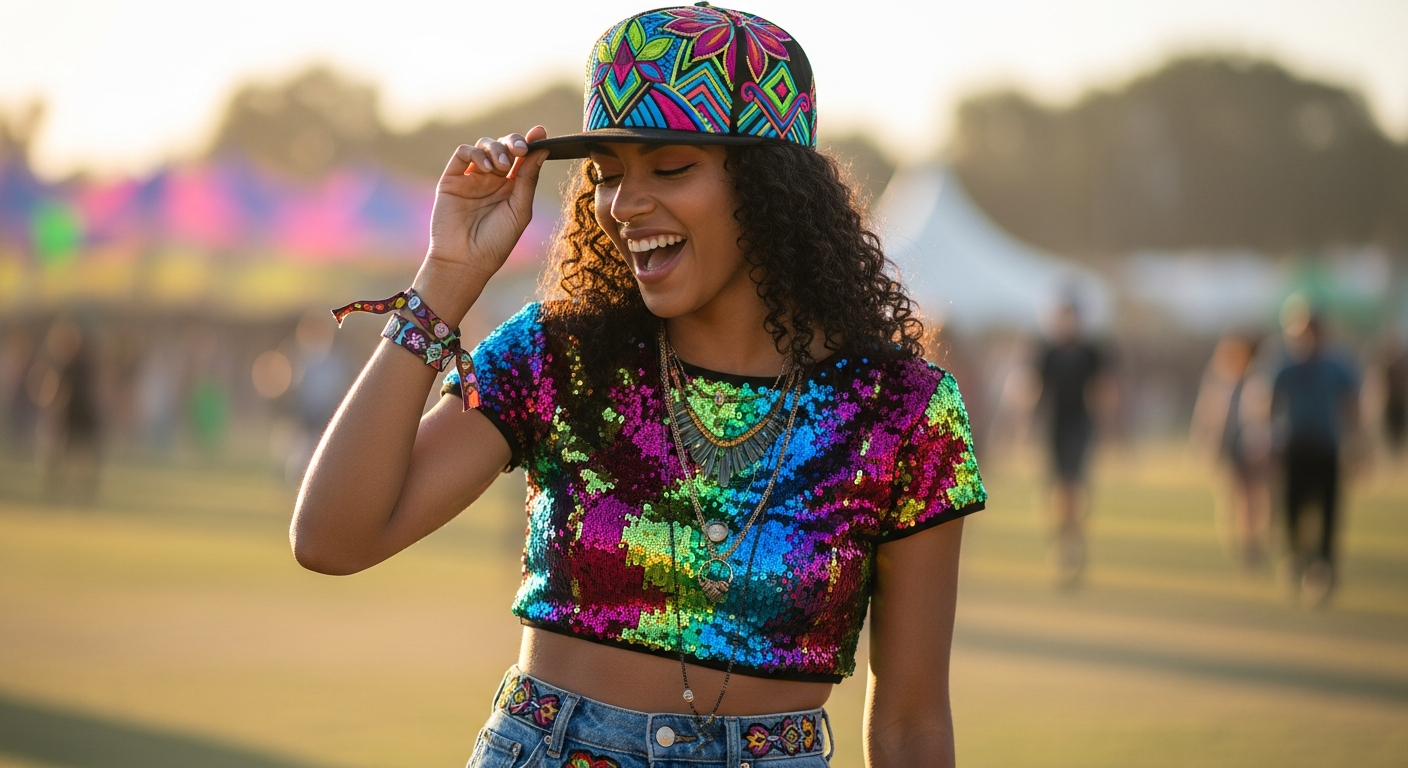 6CRAYON flat brim embroidered baseball cap styled with cargo pants and oversized band tee for festival fashion
