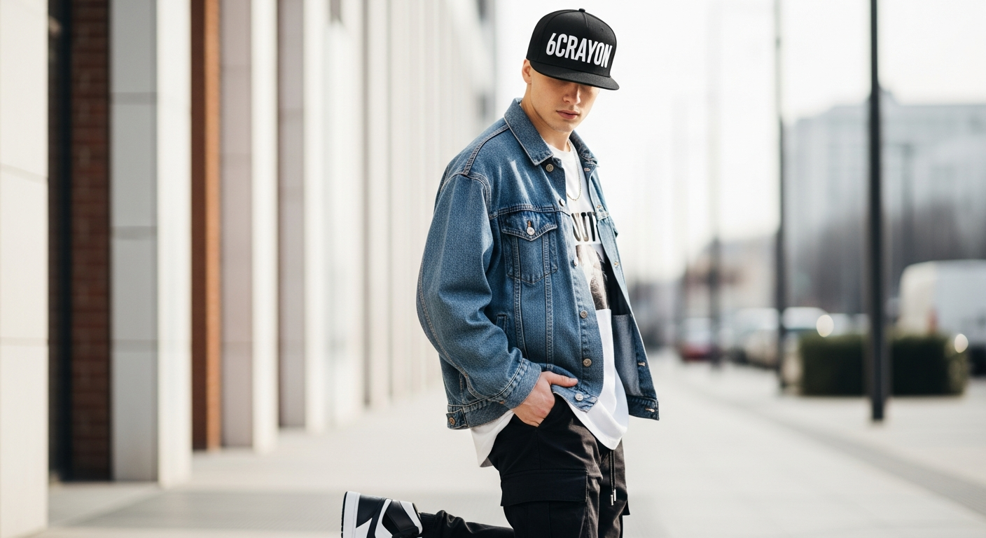 6CRAYON flat brim embroidered baseball cap styled with casual streetwear outfit on urban background