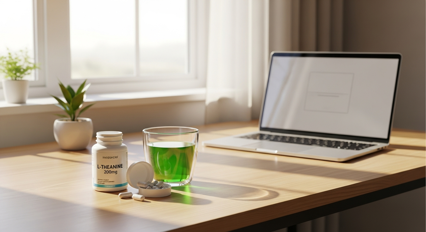 L-Theanin 200mg Kapseln von Supplenatura in einer modernen Packung mit grünem Tee Hintergrund