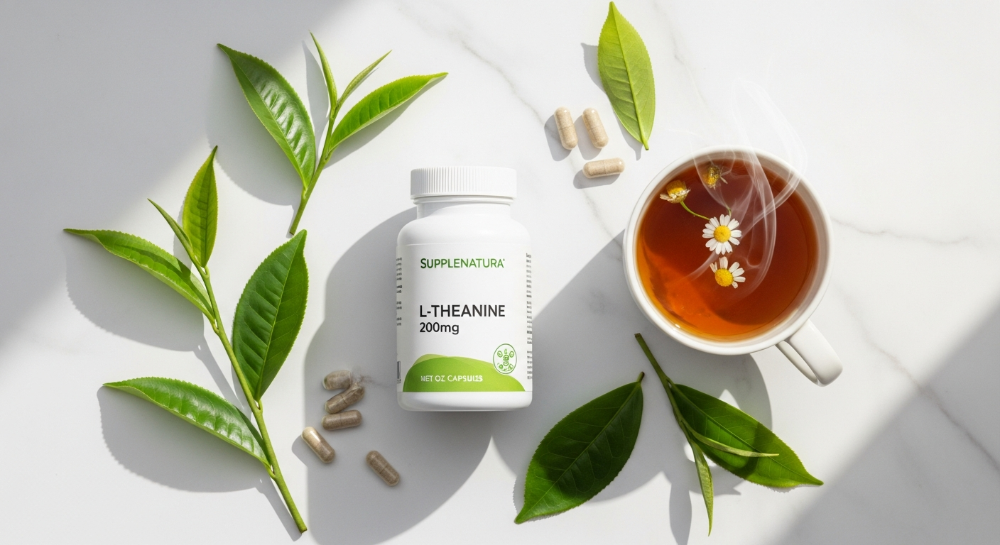 Supplenatura L-Theanin 200mg vegan capsules in German-manufactured supplement bottle with green tea extract