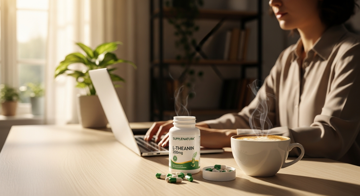Supplenatura L-Theanin 200mg capsules displayed with green tea leaves and coffee cup showing calm focus supplement