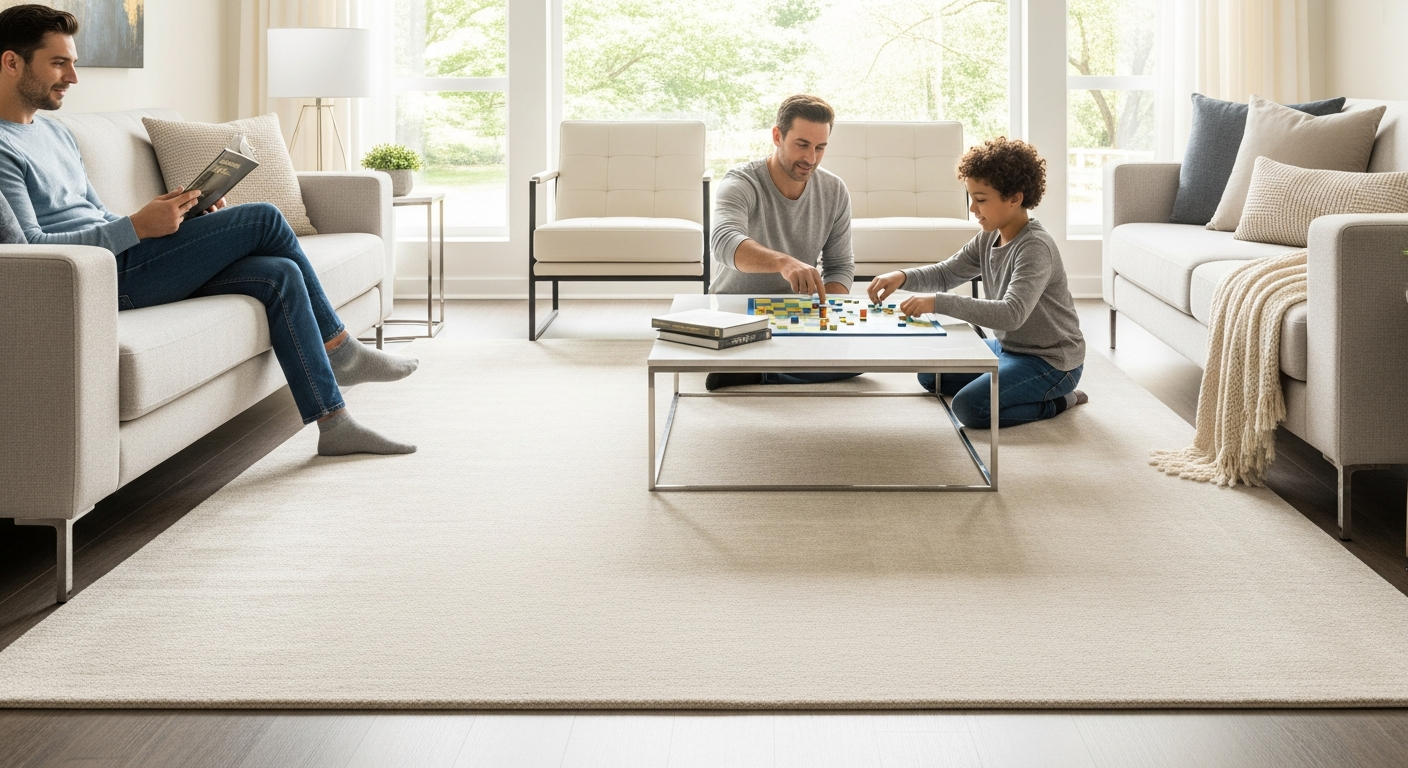 Tova Ivory Contemporary Polyester Area Rug displayed in a modern living room with neutral furniture and decor
