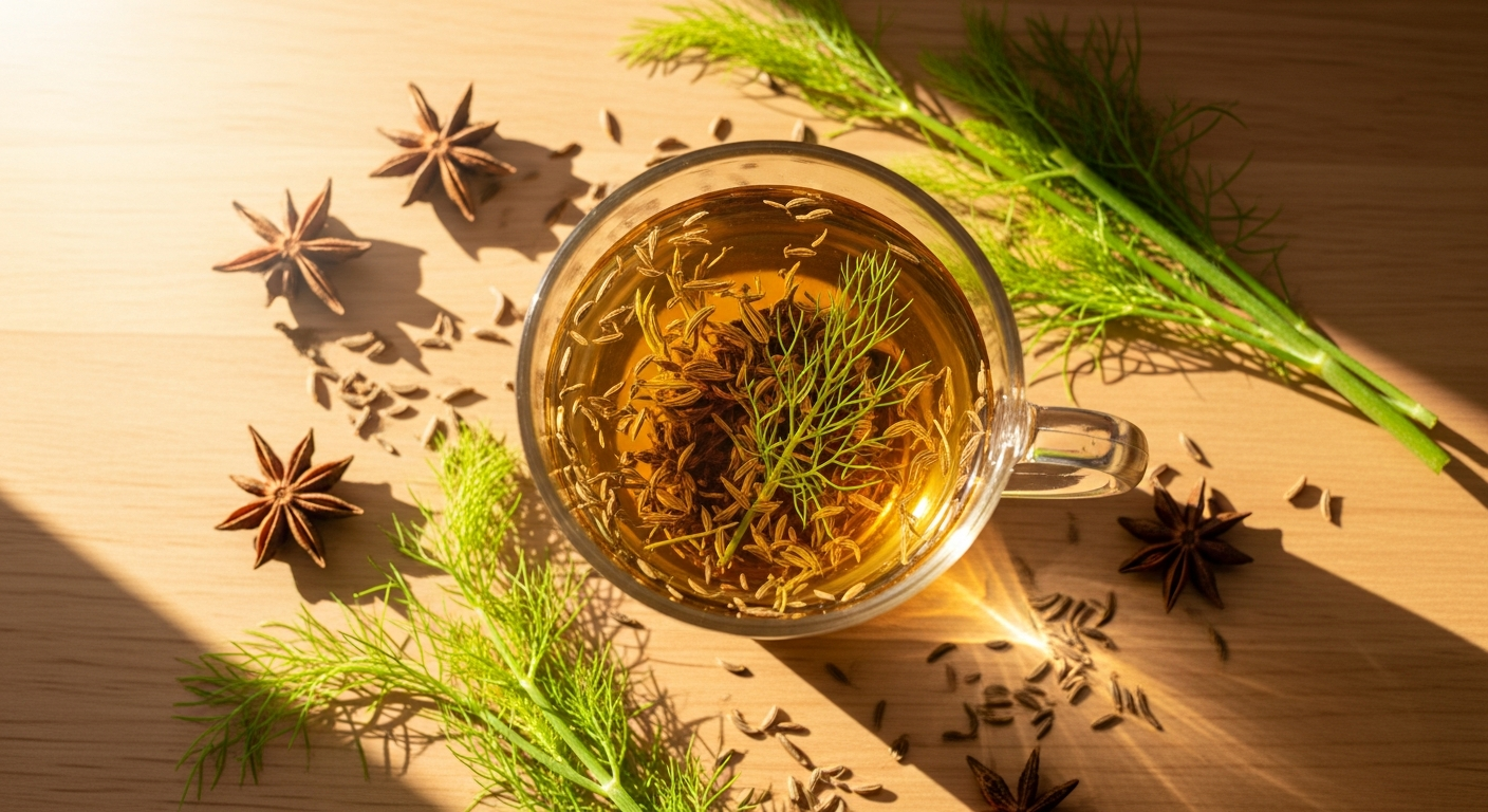 Organic fennel anise caraway tea blend in glass cup with loose leaf ingredients displayed