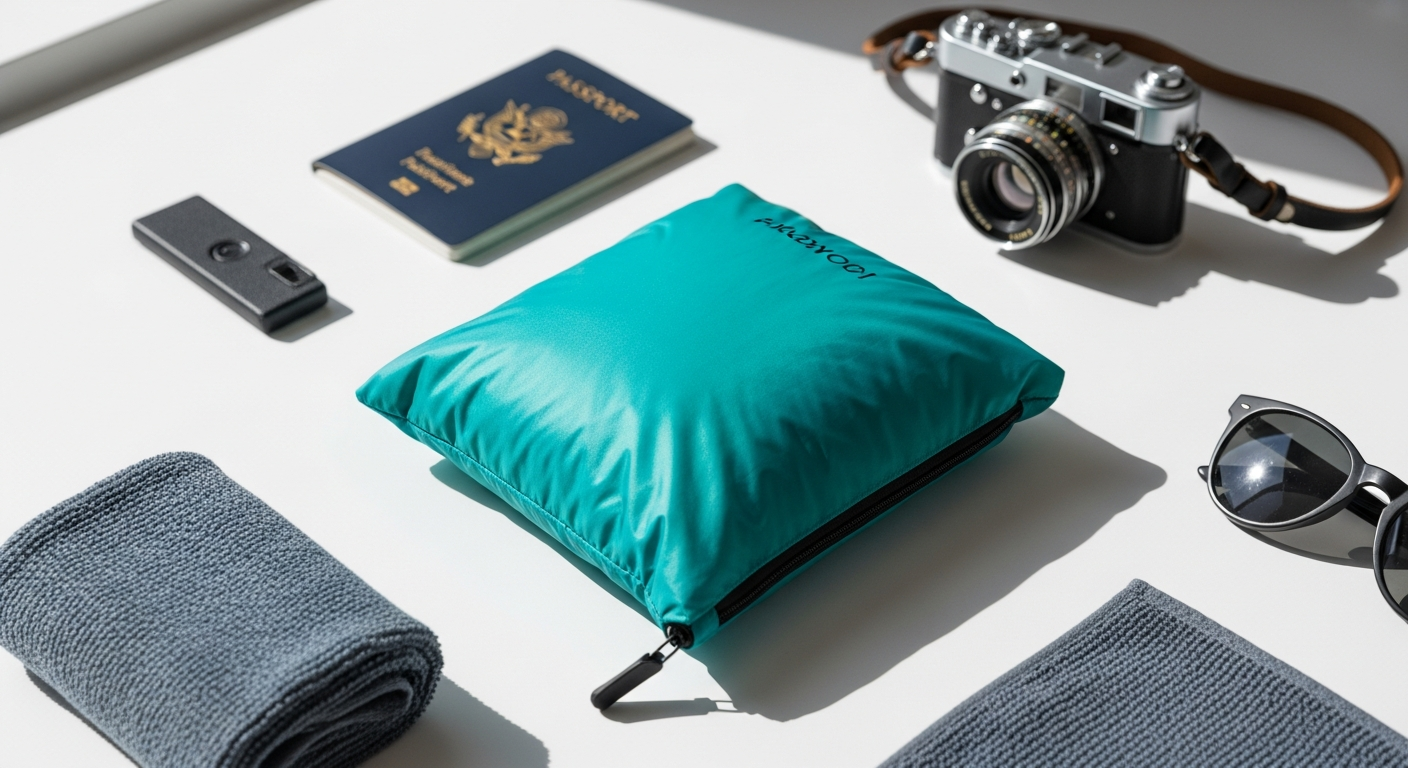 Trespass Qikpac X Packaway Waterproof Jacket compressed into integrated storage pouch on outdoor adventure