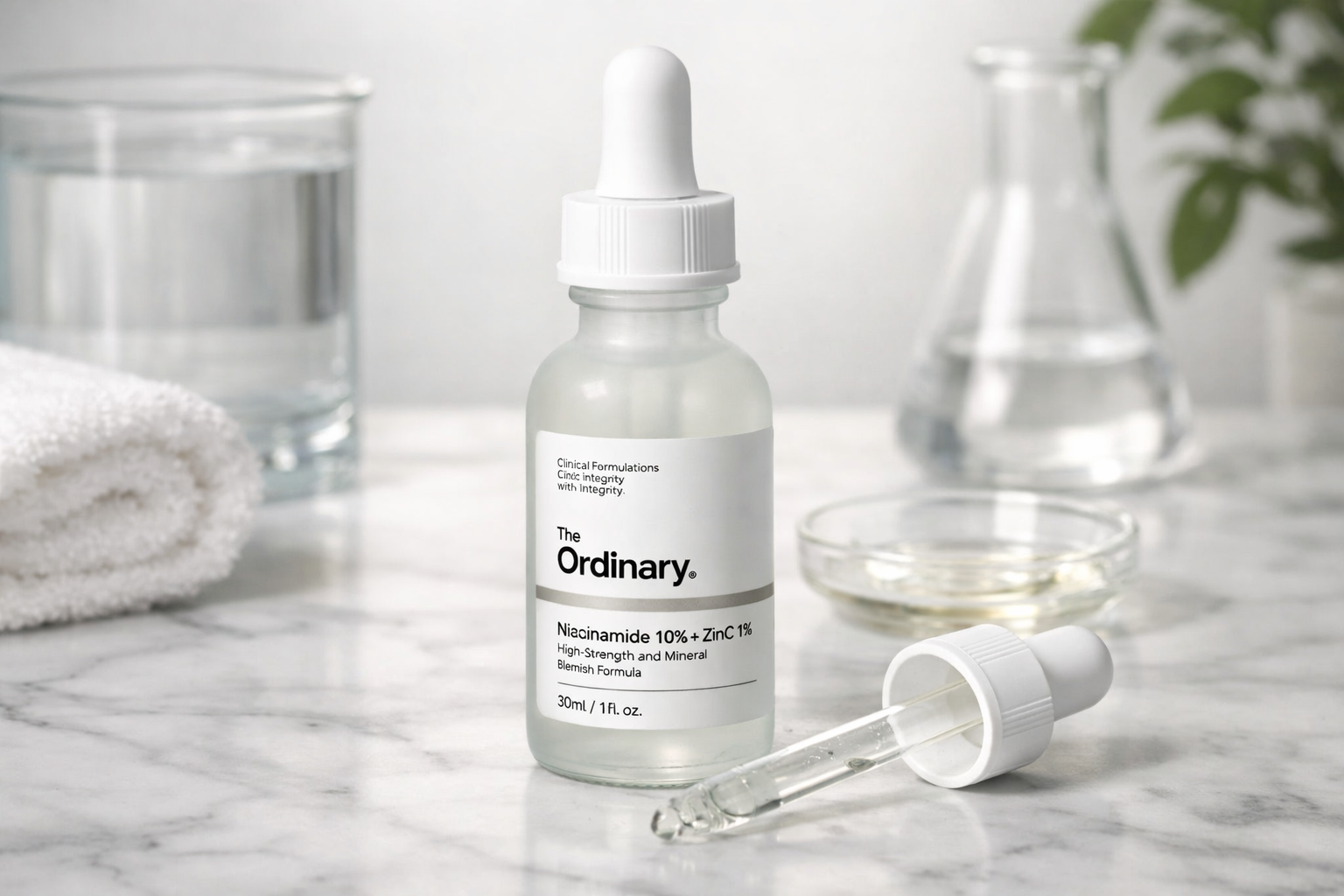 The Ordinary Niacinamide 10% plus Zinc 1% serum bottle displayed on clean white background