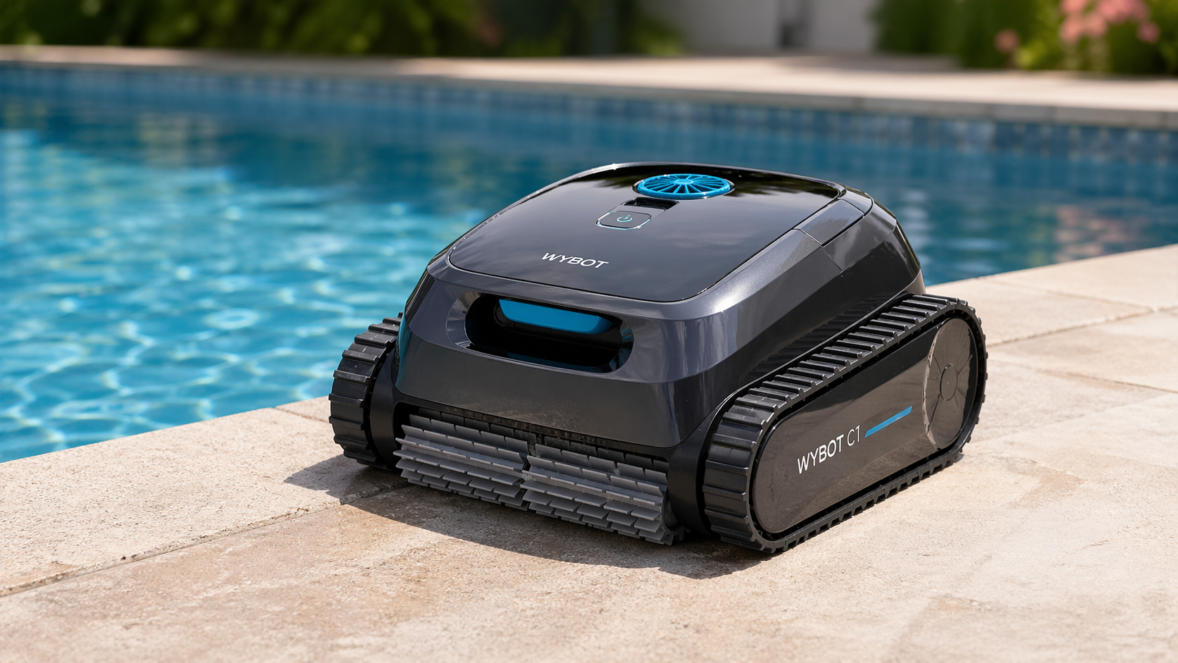 Wybot C1 cordless robotic pool cleaner with app control cleaning pool walls and waterline