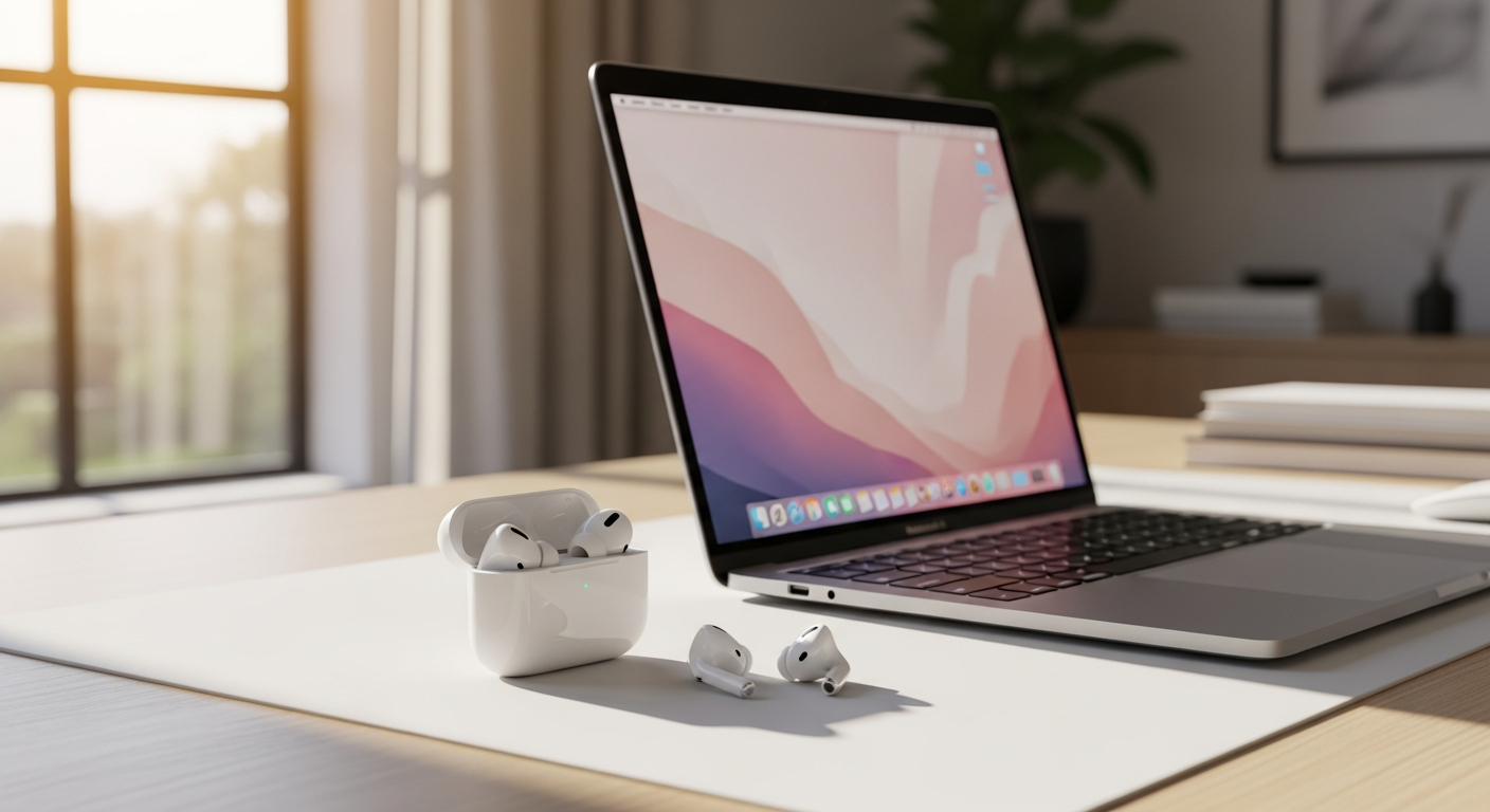Apple AirPods Pro 2 wireless earbuds with charging case displayed on modern desk setup