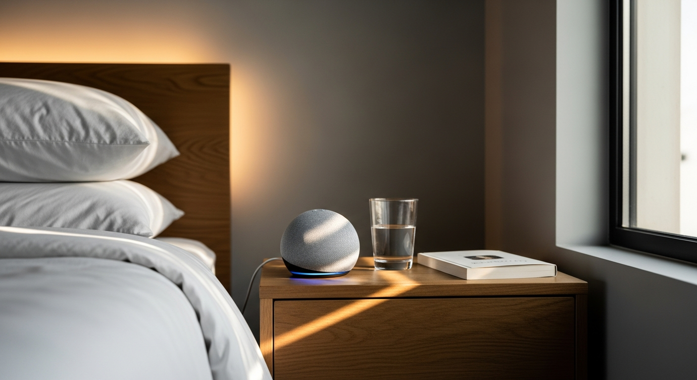 Amazon Echo Dot 5th generation smart speaker on bedroom nightstand with ambient lighting